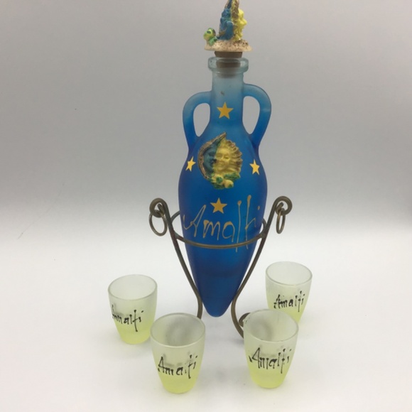 Italian Amalfi Souvenir Glass Amphora/Flask w Metal Stand and 4 Limoncello fr - Picture 2 of 16